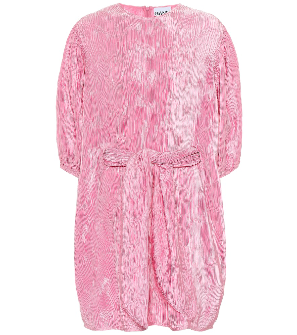 ganni pleated satin dress pink