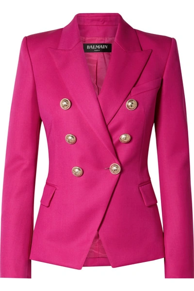 Shop Balmain Double-breasted Wool-twill Blazer In Fuchsia