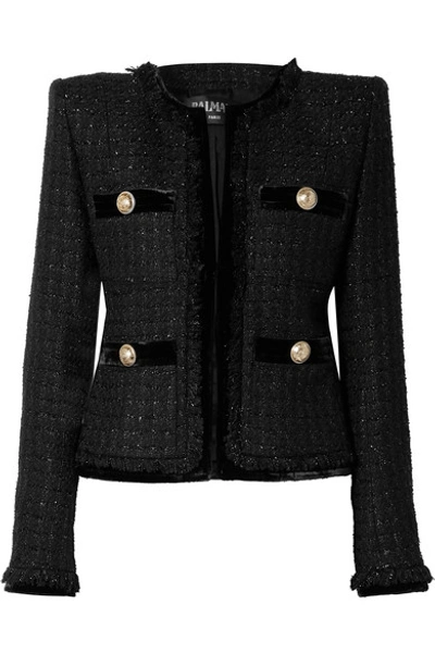 Shop Balmain Velvet-trimmed Metallic Tweed Blazer In Black