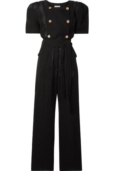 Shop Lisa Marie Fernandez Diana Belted Double-breasted Linen-blend Gauze Jumpsuit In Black