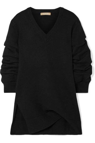 Shop Michael Kors Asymmetric Ruched Cashmere Sweater In Black