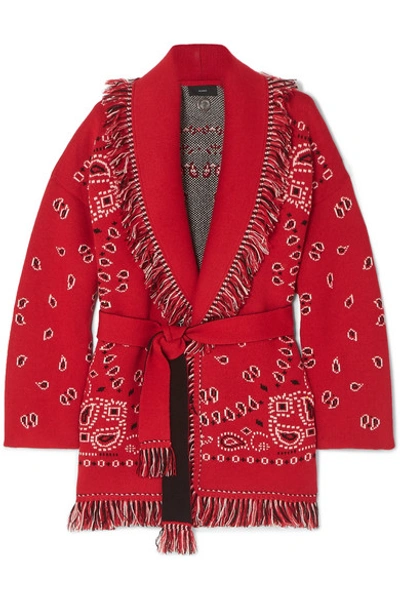 Shop Alanui Fringed Cashmere-jacquard Cardigan In Red