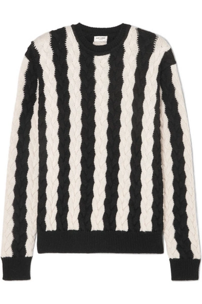Shop Saint Laurent Striped Cable-knit Wool Sweater In Black