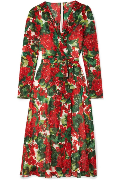 Shop Dolce & Gabbana Floral-print Stretch-silk Chiffon Wrap Dress In Red