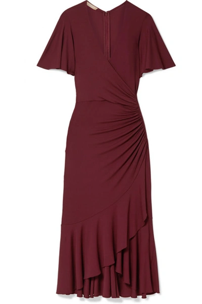 Shop Michael Kors Ruffled Ruched Wrap-effect Jersey Midi Dress In Burgundy