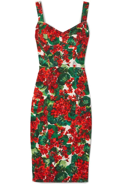Shop Dolce & Gabbana Floral-print Stretch-cady Dress In Red
