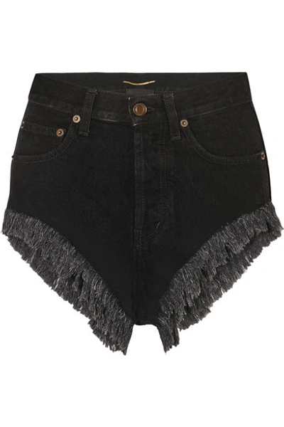 Shop Saint Laurent Distressed Denim Shorts In Black