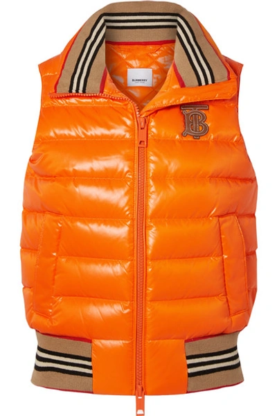 Shop Burberry Appliquéd Quilted Shell Down Vest In Orange