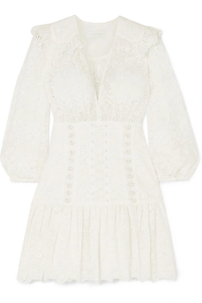 Shop Zimmermann Honour Lace-up Broderie Anglaise Cotton Mini Dress In Ivory
