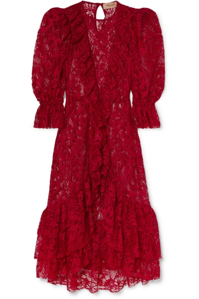 Shop Adriana Degreas Bacio Ruffled Lace Midi Dress In Red