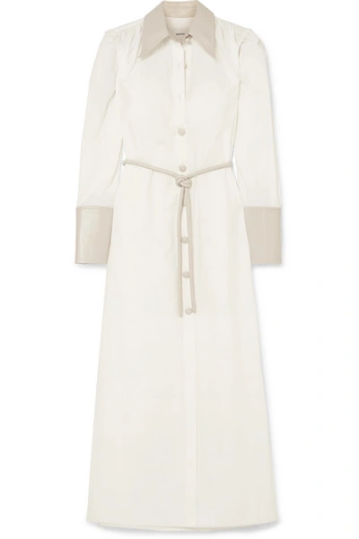 Shop Nanushka Yoon Vegan Leather-trimmed Cotton-poplin Shirt Dress In White