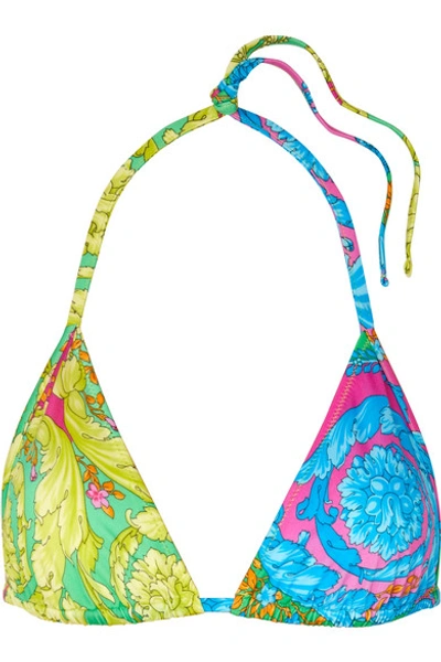 Shop Versace Printed Triangle Bikini Top In Blue