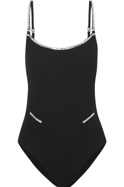 Shop Leslie Amon Coco Swarovski Crystal-embellished Seersucker Swimsuit In Black