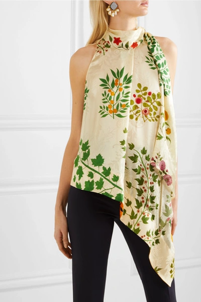 Shop Oscar De La Renta Asymmetric Pussy-bow Floral-print Silk-jacquard Top In Ecru
