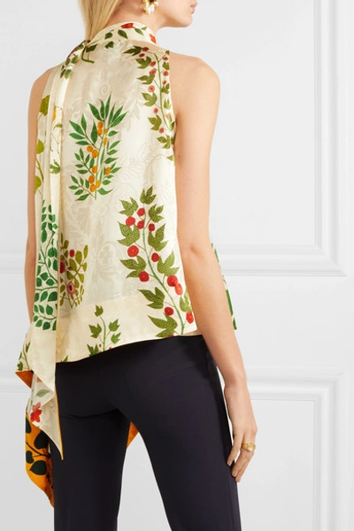 Shop Oscar De La Renta Asymmetric Pussy-bow Floral-print Silk-jacquard Top In Ecru