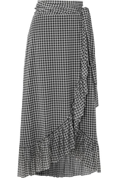 Shop Ganni Ruffled Gingham Mesh Wrap Skirt In Black