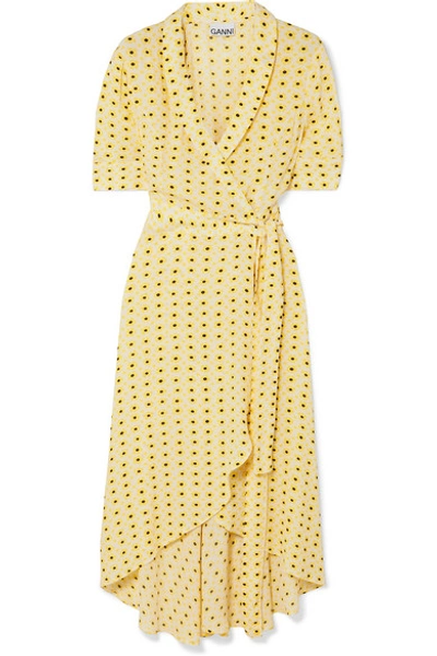 Shop Ganni Floral-print Crepe De Chine Wrap Midi Dress In Pastel Yellow