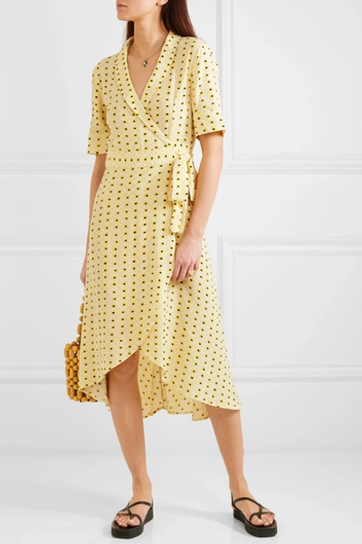 Shop Ganni Floral-print Crepe De Chine Wrap Midi Dress In Pastel Yellow