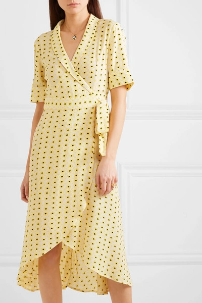 Shop Ganni Floral-print Crepe De Chine Wrap Midi Dress In Pastel Yellow