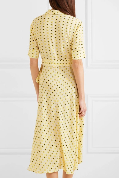 Shop Ganni Floral-print Crepe De Chine Wrap Midi Dress In Pastel Yellow