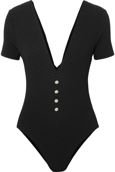 Shop Leslie Amon Amanda Swarovski Crystal-embellished Seersucker Swimsuit In Black