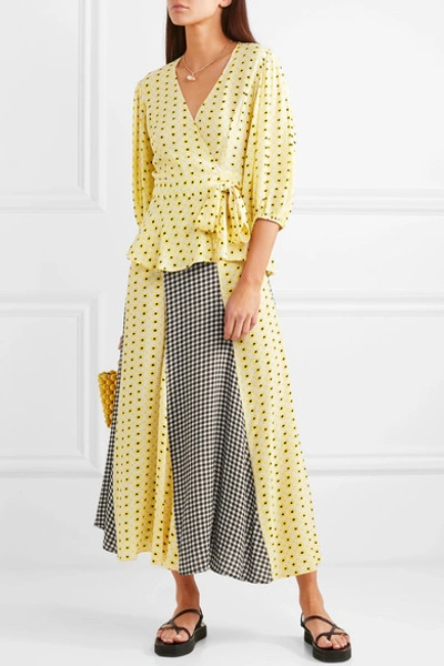 Shop Ganni Printed Crepe De Chine Midi Skirt In Pastel Yellow