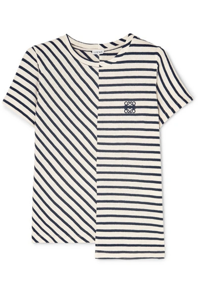 Shop Loewe Asymmetric Embroidered Striped Cotton-jersey T-shirt In Navy
