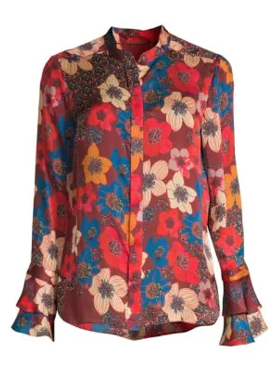 Shop Elie Tahari Safiya Floral Silk Blouse In Marsala Multi