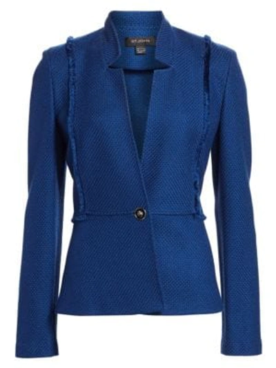 Shop St John Gridded Texture Knit Wool-blend Jacket In Prussian Blue