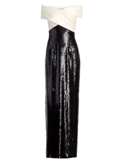 Shop St John Off-the-shoulder Two-tone Sequined Silk Column Gown In Cream Caviar