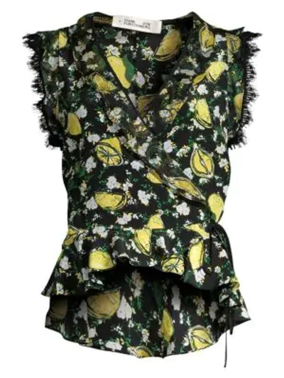 Shop Diane Von Furstenberg Peona Print Peplum Wrap Top In Lemons Collage Black