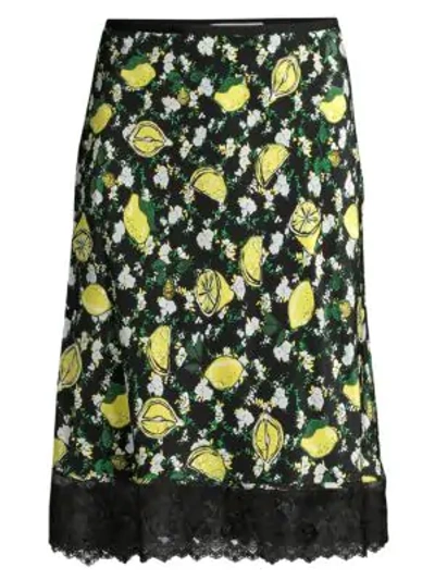 Shop Diane Von Furstenberg Chrissy Floral Silk Knee-length Skirt In Lemons Collage Black