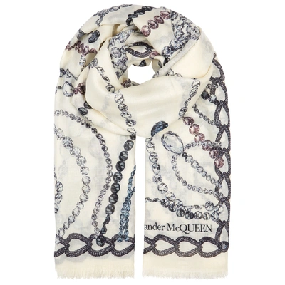 Shop Alexander Mcqueen Chandelier Skull Printed Modal-blend Scarf In Ivory And Other