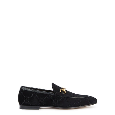 Shop Gucci Jordaan Black Monogrammed Velvet Loafers