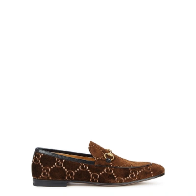 Shop Gucci Jordaan Brown Monogrammed Velvet Loafers