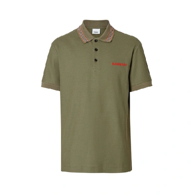 Shop Burberry Icon Stripe Detail Cotton Pique Polo Shirt In Poplar Green