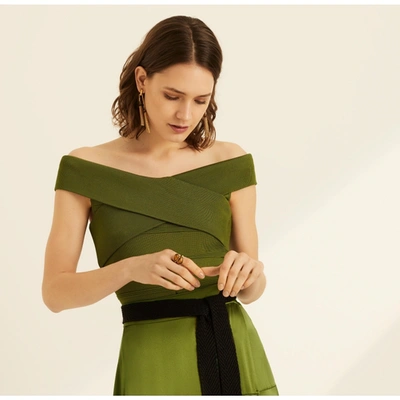 Shop Amanda Wakeley Viscose Knit Off The Shoulder Cardamom Top In Green