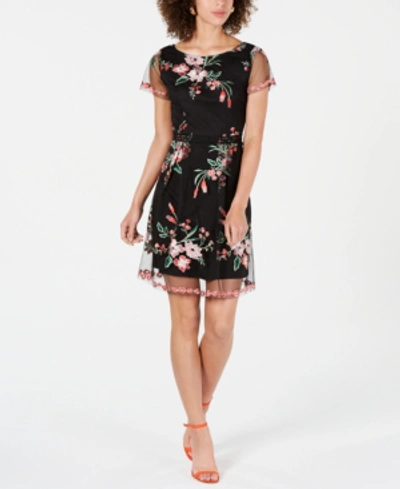 Shop Adrianna Papell Floral-embroidered Dress In Black Floral