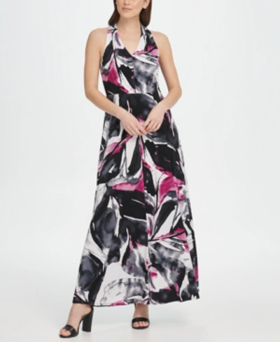 Shop Dkny V-neck Printed Jersey Maxi Dress In Black/cloud Multi
