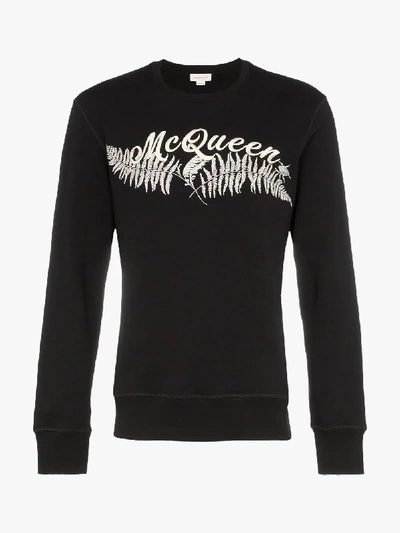 Shop Alexander Mcqueen Black Fern Logo Embroidered Crewneck Sweatshirt