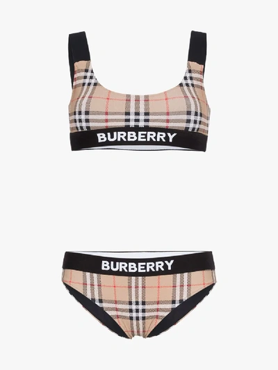 Shop Burberry Vintage Check Logo Bikini In Brown