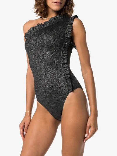 Shop Leslie Amon Tami Ruffle One-shoulder Swimsuit In Black