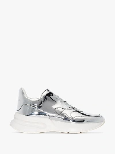 Shop Alexander Mcqueen Metallic Leather Low Top Sneakers In Silver