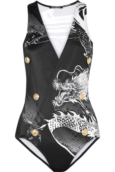 Shop Balmain Wrap-effect Button-embellished Printed Swimsuit In Black