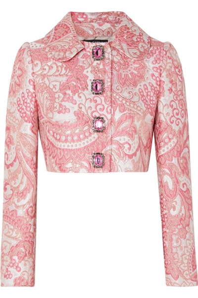 Shop Dolce & Gabbana Cropped Crystal-embellished Metallic Brocade Jacket In Pink