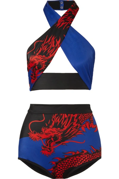 Shop Balmain Cutout Printed Halterneck Bikini In Blue
