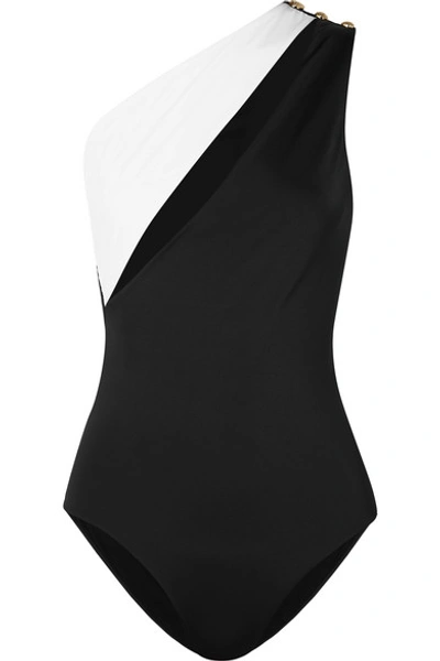Shop Balmain One-shoulder Button-embellished Cutout Swimsuit In Black