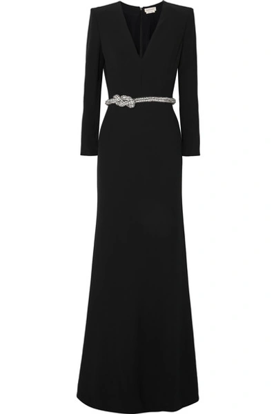 Shop Alexander Mcqueen Crystal-embellished Belted Crepe Gown In Black