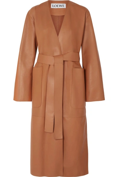 Shop Loewe Belted Leather Coat In Tan