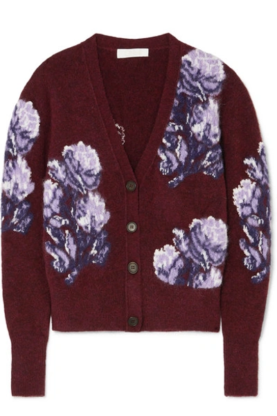 Shop Chloé Jacquard-knit Cardigan In Burgundy